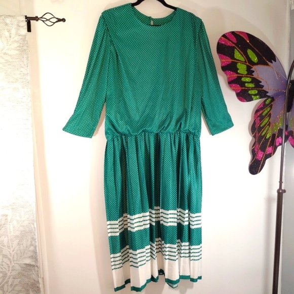 Vintage 80s Dress 22W Leni Leni Pleated Skirt Blousy Top One Piece 1980 Green - Picture 1 of 16
